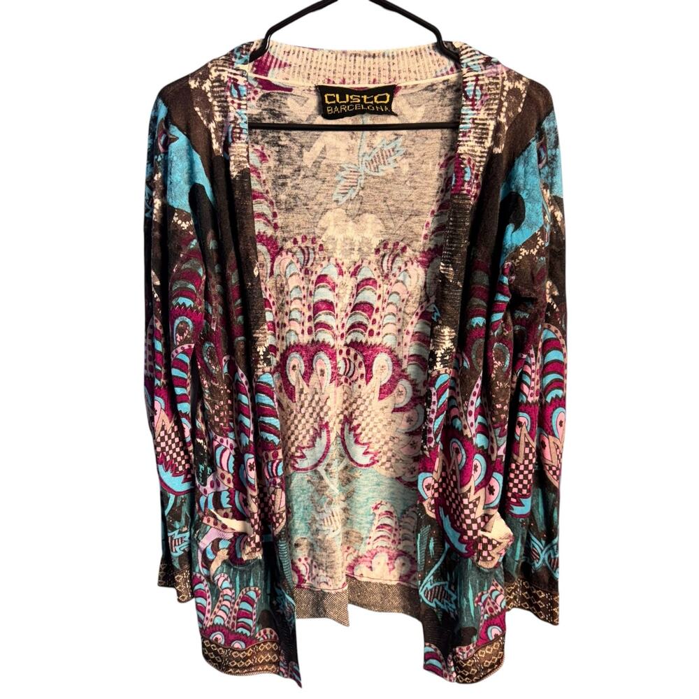 Custo Barcelona Abstract Print Open Front Cardigan Sweater‎ Wool Blend Size M